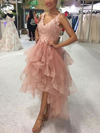A-line V-neck Tulle Asymmetrical Homecoming Dresses With Lace #Favs020111572