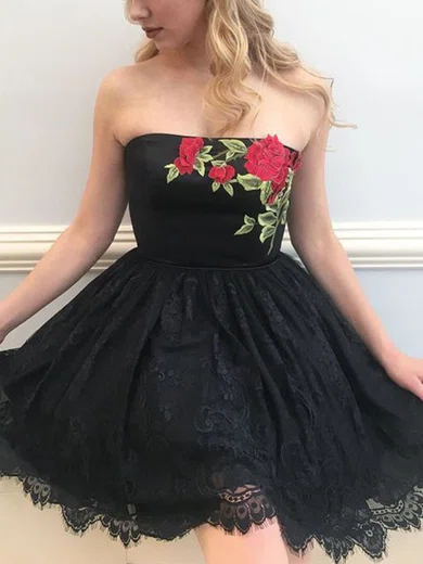 A-line Strapless Lace Short/Mini Homecoming Dresses With Flower(s) #Favs020111573