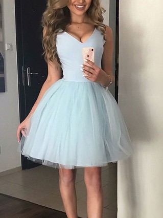 A-line V-neck Tulle Short/Mini Homecoming Dresses #Favs020111575