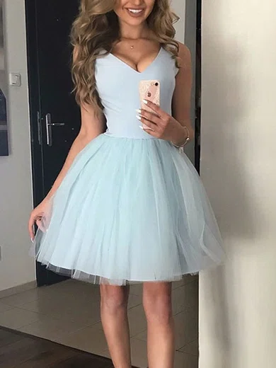 A-line V-neck Tulle Short/Mini Homecoming Dresses #Favs020111575