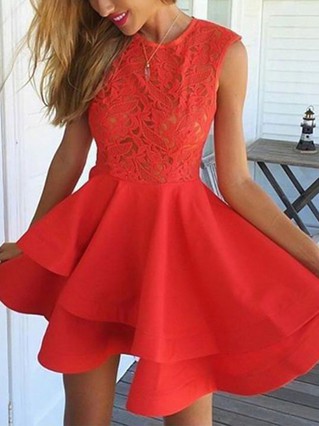 A-line Scoop Neck Satin Short/Mini Homecoming Dresses With Lace #Favs020111585 A-line Scoop Neck Satin Short/Mini Homecoming Dresses With Lace #Favs020111585