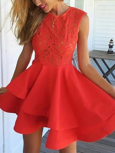 A-line Scoop Neck Satin Short/Mini Homecoming Dresses With Lace #Favs020111585