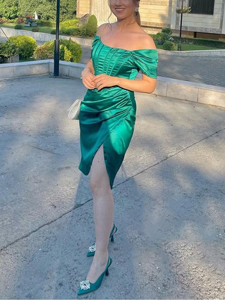 Sheath/Column Off-the-shoulder Silk-like Satin Short/Mini Homecoming Dresses With Split Front #Favs020111590