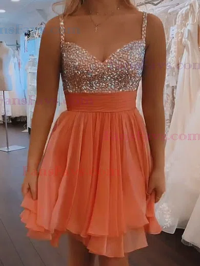 A-line V-neck Chiffon Short/Mini Homecoming Dresses With Beading #Favs020111593