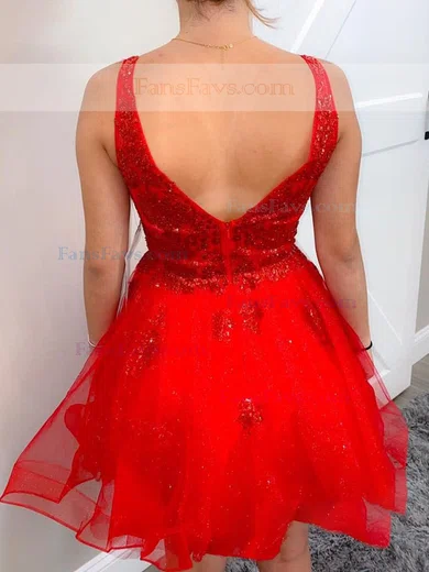 A-line V-neck Lace Tulle Short/Mini Homecoming Dresses With Appliques Lace #Favs020111594