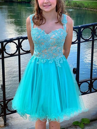 A-line V-neck Lace Tulle Knee-length Homecoming Dresses With Appliques Lace #Favs020111595