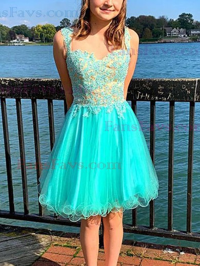 A-line V-neck Lace Tulle Knee-length Homecoming Dresses With Appliques Lace #Favs020111595