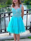 A-line V-neck Lace Tulle Knee-length Homecoming Dresses With Appliques Lace #Favs020111595