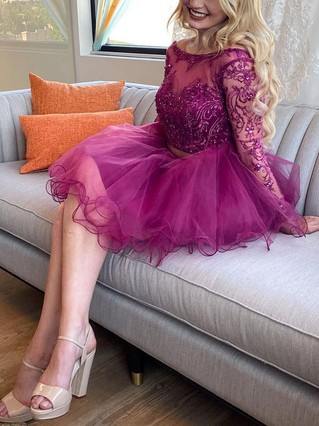 A-line Scoop Neck Lace Tulle Short/Mini Homecoming Dresses With Appliques Lace #Favs020111596