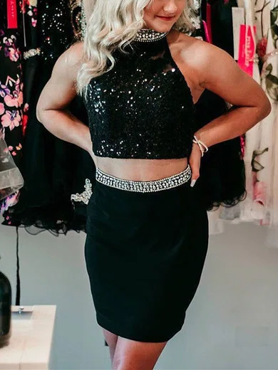 Sheath/Column High Neck Sequined Jersey Short/Mini Homecoming Dresses With Beading #Favs020111601