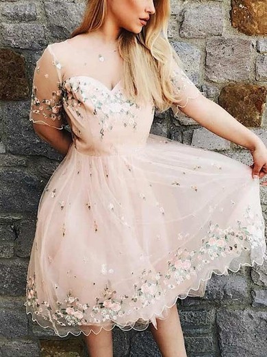 A-line Scoop Neck Tulle Lace Knee-length Homecoming Dresses With Flower(s) #Favs020111606