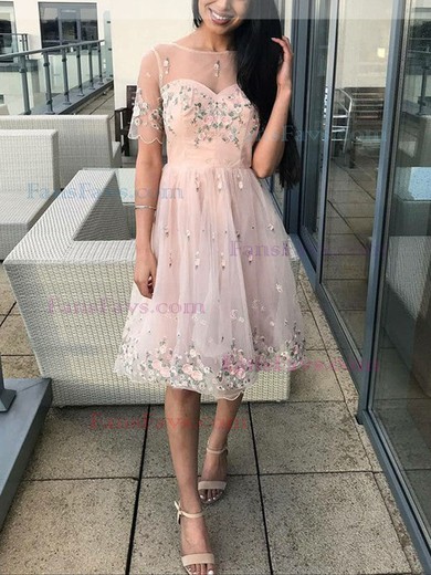 A-line Scoop Neck Tulle Lace Knee-length Homecoming Dresses With Flower(s) #Favs020111606