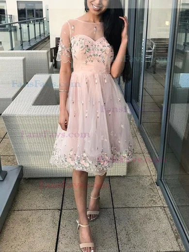 A-line Scoop Neck Tulle Lace Knee-length Homecoming Dresses With Flower(s) #Favs020111606