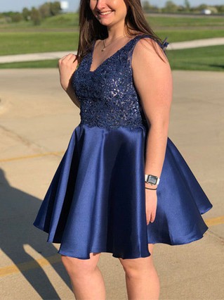 A-line V-neck Satin Lace Short/Mini Homecoming Dresses With Appliques Lace #Favs020111608