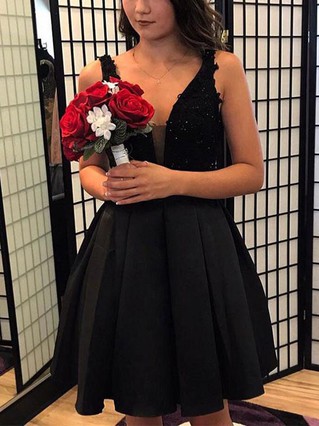 A-line V-neck Satin Knee-length Homecoming Dresses With Appliques Lace #Favs020111613