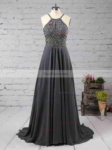 A-line Scoop Neck Chiffon Sweep Train Beading Prom Dresses #Favs020104558