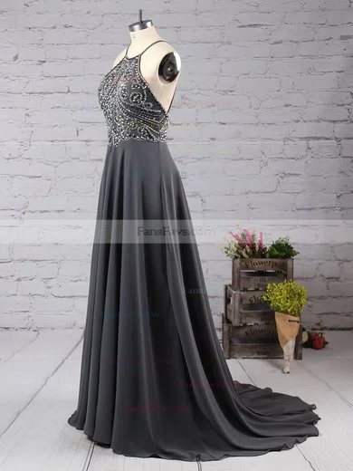A-line Scoop Neck Chiffon Sweep Train Beading Prom Dresses #Favs020104558