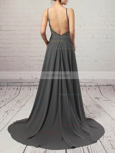 A-line Scoop Neck Chiffon Sweep Train Beading Prom Dresses #Favs020104558