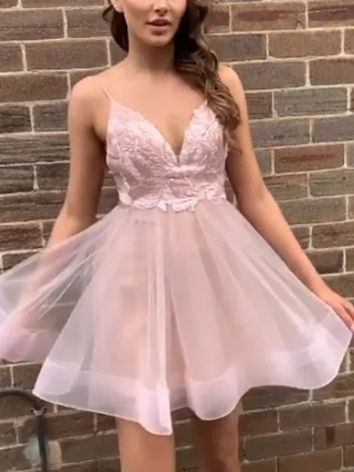 A-line V-neck Organza Short/Mini Homecoming Dresses With Appliques Lace #Favs020111633