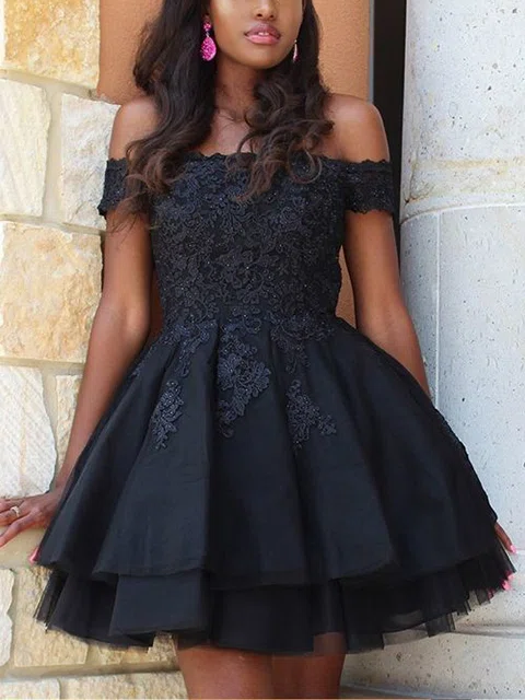 A-line Off-the-shoulder Lace Tulle Knee-length Homecoming Dresses With Appliques Lace #Favs020111637