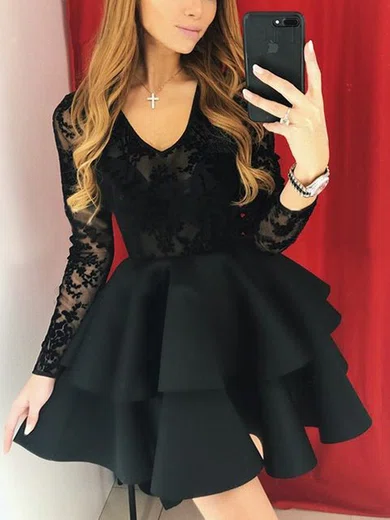 A-line V-neck Lace Stretch Crepe Short/Mini Homecoming Dresses With Appliques Lace #Favs020111638