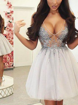 A-line V-neck Tulle Short/Mini Homecoming Dresses With Beading #Favs020111641 A-line V-neck Tulle Short/Mini Homecoming Dresses With Beading #Favs020111641