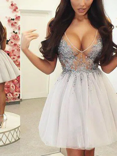 A-line V-neck Tulle Short/Mini Homecoming Dresses With Beading #Favs020111641
