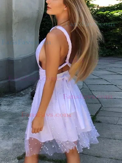 A-line V-neck Tulle Knee-length Homecoming Dresses With Beading #Favs020111646