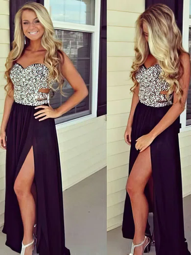 A-line Sweetheart Chiffon Floor-length Beading Prom Dresses #Favs02016065