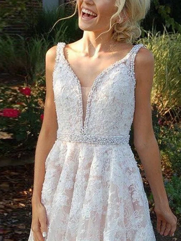 A-line V-neck Tulle Lace Knee-length Homecoming Dresses With Beading #Favs020111652