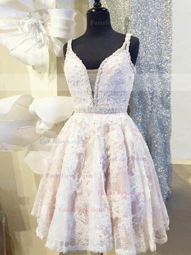 A-line V-neck Tulle Lace Knee-length Homecoming Dresses With Beading #Favs020111652
