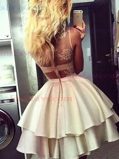 A-line V-neck Stretch Crepe Short/Mini Homecoming Dresses With Appliques Lace #Favs020111656