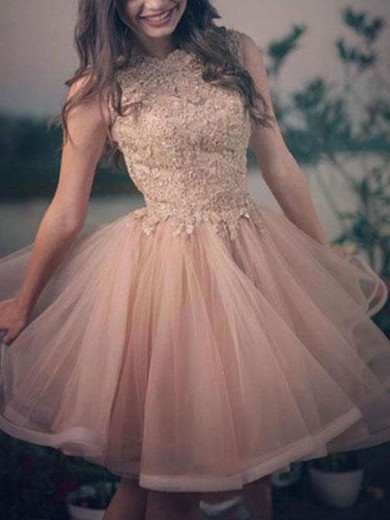 A-line High Neck Lace Tulle Knee-length Homecoming Dresses With Appliques Lace #Favs020111657