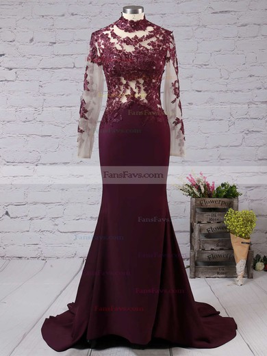 Trumpet/Mermaid High Neck Silk-like Satin Sweep Train Appliques Lace Prom Dresses #Favs02016267