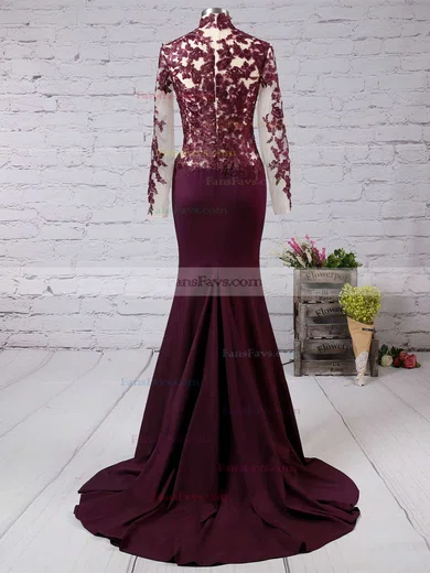 Trumpet/Mermaid High Neck Silk-like Satin Sweep Train Appliques Lace Prom Dresses #Favs02016267