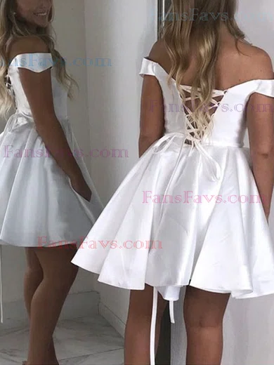 A-line Off-the-shoulder Satin Short/Mini Homecoming Dresses With Pockets #Favs020111661