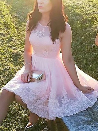 A-line Scoop Neck Tulle Short/Mini Homecoming Dresses With Lace #Favs020111663