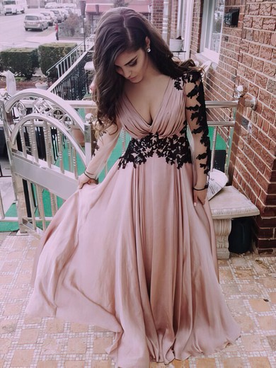 A-line V-neck Floor-length Chiffon Prom Dresses with Appliques Lace Ruffle #Favs02016853