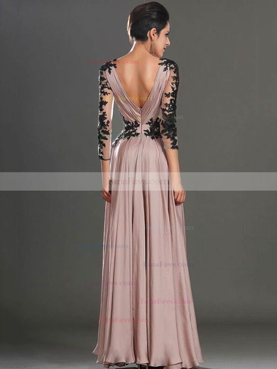 A-line V-neck Floor-length Chiffon Prom Dresses with Appliques Lace Ruffle #Favs02016853