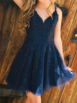 A-line V-neck Tulle Short/Mini Homecoming Dresses With Lace #Favs020111670 A-line V-neck Tulle Short/Mini Homecoming Dresses With Lace #Favs020111670