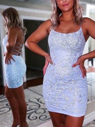 Sheath/Column Scoop Neck Tulle Short/Mini Homecoming Dresses With Appliques Lace #Favs020111674 Sheath/Column Scoop Neck Tulle Short/Mini Homecoming Dresses With Appliques Lace #Favs020111674