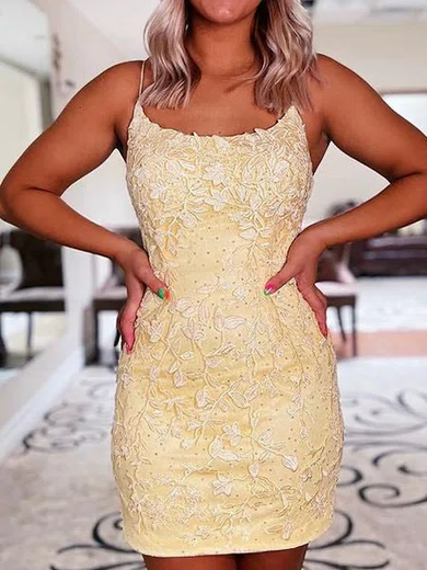 Sheath/Column Scoop Neck Tulle Short/Mini Homecoming Dresses With Appliques Lace #Favs020111675