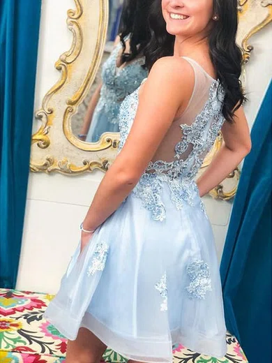 A-line V-neck Tulle Short/Mini Homecoming Dresses With Lace #Favs020111689