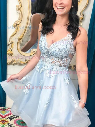 A-line V-neck Tulle Short/Mini Homecoming Dresses With Lace #Favs020111689