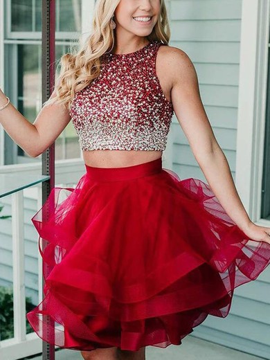 A-line Scoop Neck Tulle Short/Mini Homecoming Dresses With Tiered #Favs020111693
