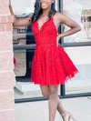 A-line V-neck Tulle Short/Mini Homecoming Dresses With Lace #Favs020111696
