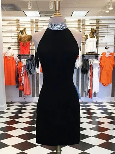 Sheath/Column High Neck Stretch Crepe Short/Mini Homecoming Dresses With Crystal Detailing #Favs020111702