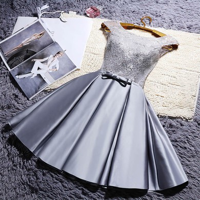 A-line Scoop Neck Satin Lace Short/Mini Sashes / Ribbons Lace-up Sweet Short Prom Dresses #Favs020103476