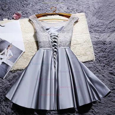 A-line Scoop Neck Satin Lace Short/Mini Sashes / Ribbons Lace-up Sweet Short Prom Dresses #Favs020103476