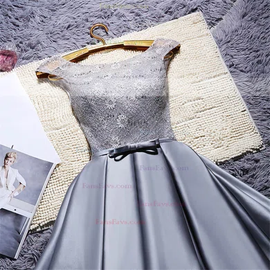 A-line Scoop Neck Satin Lace Short/Mini Sashes / Ribbons Lace-up Sweet Short Prom Dresses #Favs020103476